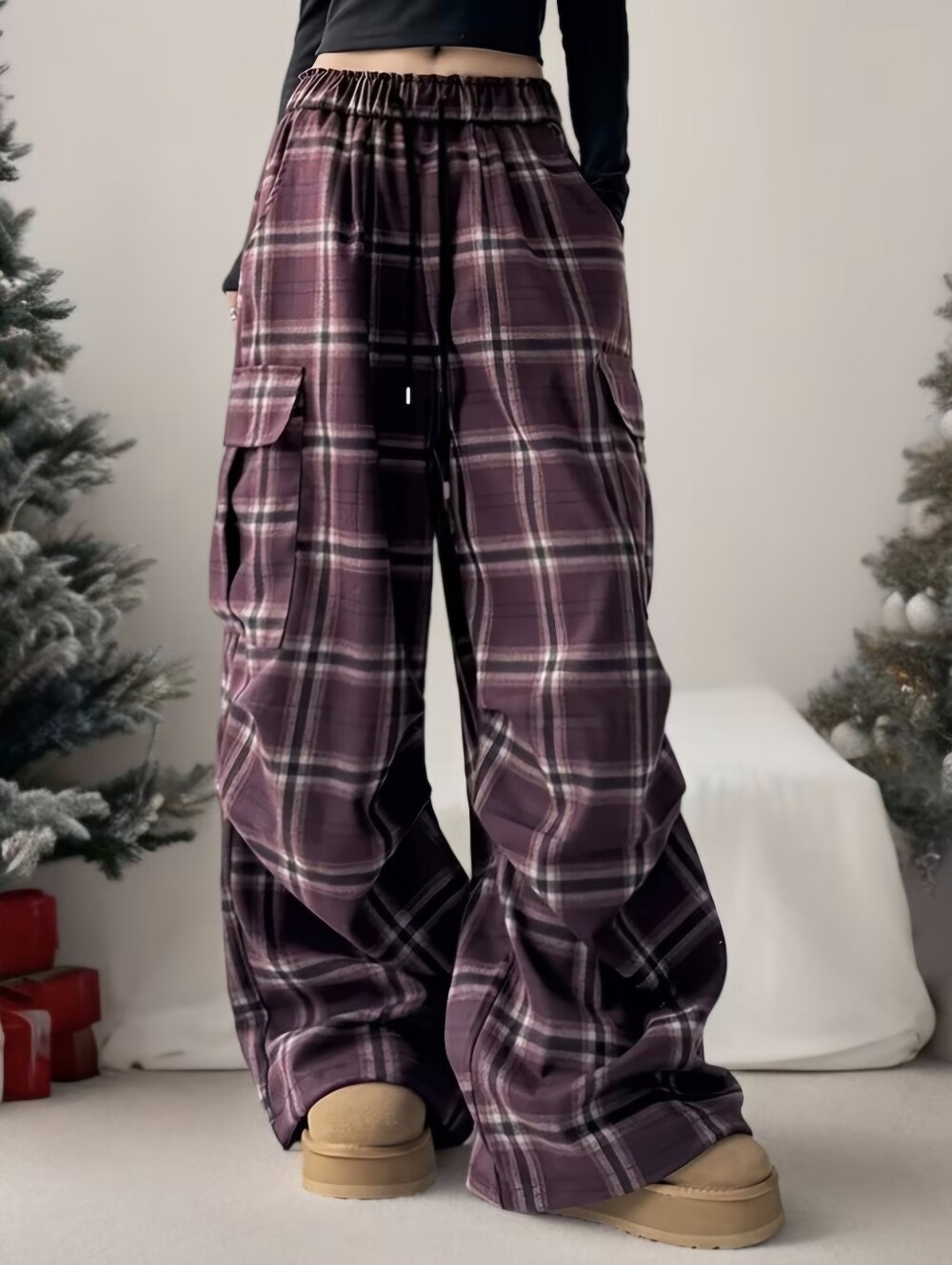 Women's Vintage Plaid Cargo Pants - Casual Straight-Leg Trousers, Street Style
